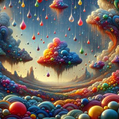 The primary subject of the image is a vibrant and colorful scene featuring a variety of clouds, balloons, and other floating objects. The setting is a sky filled with clouds, and the visual style is a digital art or illustration. The colors and mood of the image are lively and cheerful, with a wide range of colors and patterns creating a dynamic and engaging atmosphere.